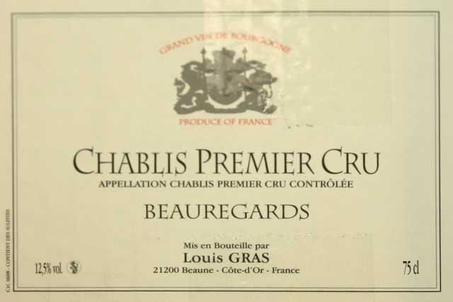12 BOUTEILLES DE CHABLIS 1ER CRU "BEAUREGARDS", LOUIS GRAS, 2005.