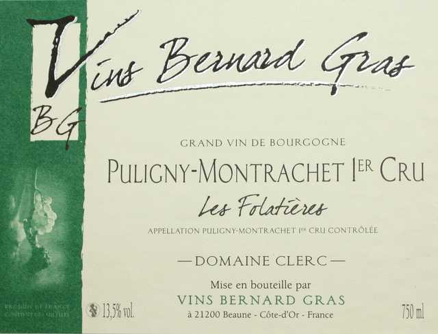 6 BOUTEILLES DE PULIGNY MONTRACHET 1ER CRU "LES FOLATIERES", BERNARD GRAS, 2004.