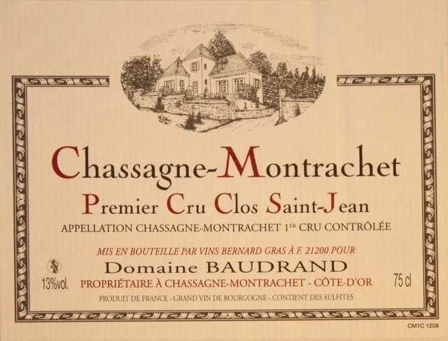 12 BOUTEILLES DE CHASSAGNE MONTRACHET 1ER CRU, ROUGE " CLOS SAINT JEAN ", DOMAINE BAUDRAND, 2004.