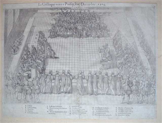 GRAVURE "LE COLLOQUE TENU A POISSY, 1561" 37.5 X 51 CM.