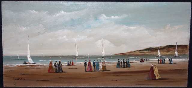 JOUANA. FEMMES AU BORD DE LA PLAGE. HUILE SUR ISOREL SIGNEE EN BAS A GAUCHE. DIM: 13 X 28 CM.