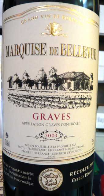 6 BOUTEILLES DE CHATEAU LA MARQUISE DE BELLEVUE. DOMAINE DE GRAVES 2003.