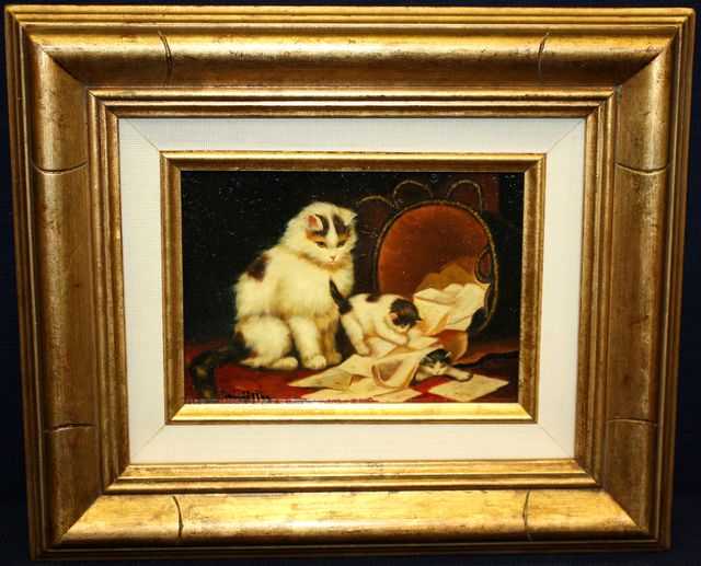 MULLER. CHATONS ET LEUR MERE JOUANT. HUILE SUR TOILE SIGNEE EN BAS A GAUCHE. DIM: 13 X 18 CM.