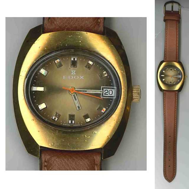 EDOX. MONTRE D'HOMME EN PLAQUE OR. BOITIER TONNEAU, FOND MARRON A INDEX BATONS, GUICHET DATEUR A 3 HEURES, N° 200425, MOUVEMENT MECANIQUE, BRACELET EN CUIR MARRON.