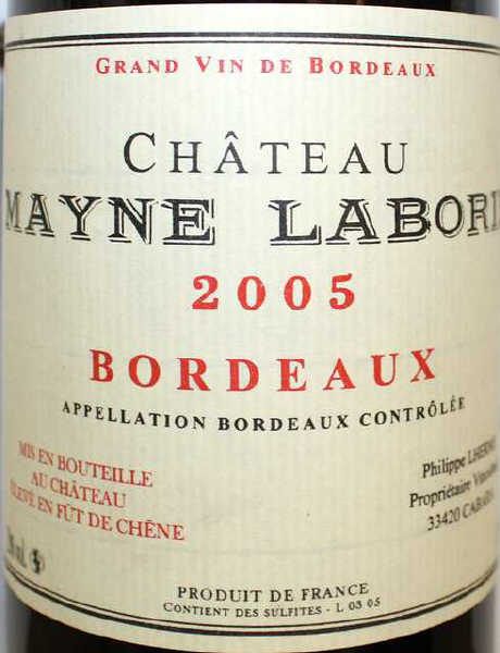 6 BOUTEILLES DE CHATEAU MAYNE-LABORIE, 2005.