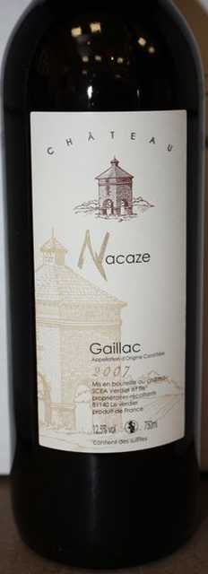 6 BOUTEILLES DE CHATEAU NACAZE, GAILLAC, 2007.