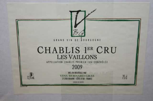 12 BOUTEILLES DE CHABLIS 1ER CRU LES VAILLONS, DOMAINE LOUIS GRAS, 2009.