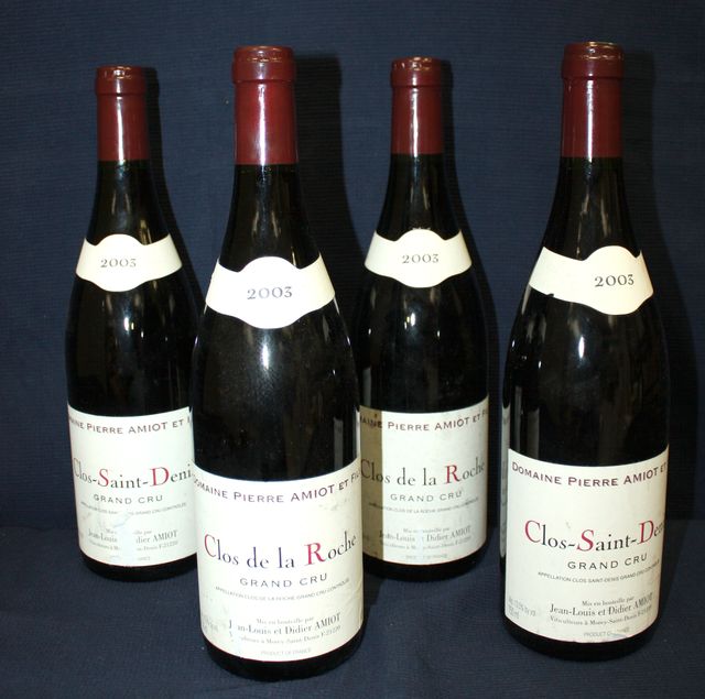 2 BOUTEILLES DE CLOS DE LA ROCHE GRAND CRU DOMAINE AMIOT 2003 ET 2 BOUTEILLES CLOS SAINT-DENIS DOMAINE AMIOT 2003.