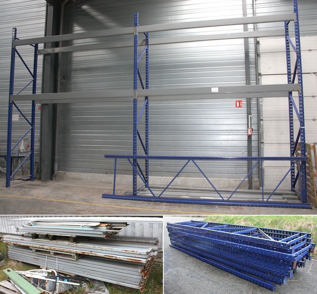 LOT DE RACKS A PALETTES BLEU ET GRIS DONT 14 ECHELLES DE 4 METRES DE HAUT ET 68 TRAVERSES OU LISSES RECTANGULAIRES DONT 15 DE 2,30 METRES DE LONG ET 53 DE 3,65 METRES DE LONG PAR 28 CM DE LARGE SOIT APPROX. 115 METRES LINEAIRES.