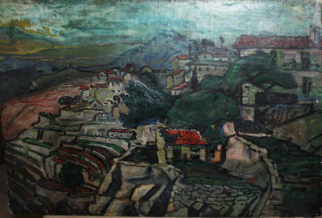 ANONYME. VILLAGE DANS LES COLLINES. HUILE SUR TOILE RENTOILE. DIM: 50 X 62 CM.