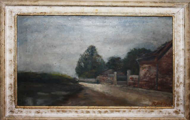 R. BERLY. MAISONS DE CAMPAGNE. HUILE SUR TOILE SIGNEE EN BAS A DROITE. DIM: 27 X 40 CM.