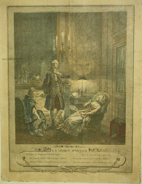 GRAVURE ENCADREE REPRESENTANT UNE SCENE GALANTE DANS UN INTERIEUR XVIIIEME. DIM: 35 X 25 CM.