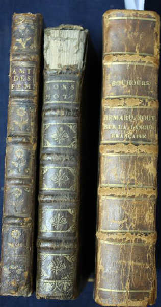 ( VILLEMERT). L'AMI DES FEMMES. HAMBOURG, 1758. ON Y JOINT DES BONS MOTS ET DES BONS CONTES...LYON, 1693. ON Y JOINT ( BOUHOURS ). SUITE DES REMARQUES NOUVELLES SUR LA LANGUE FRANCAISE. PARIS, 1692. 3 VOLUMES IN-12 RELIURE D'EPOQUE USAGEE.