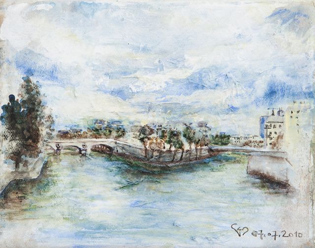 AMOUREUX CLAIRE. PONT LOUIS PHILIPPE / PONT SAINT LOUIS. TECHNIQUES MIXTES. DIM: 14 X 18 CM.