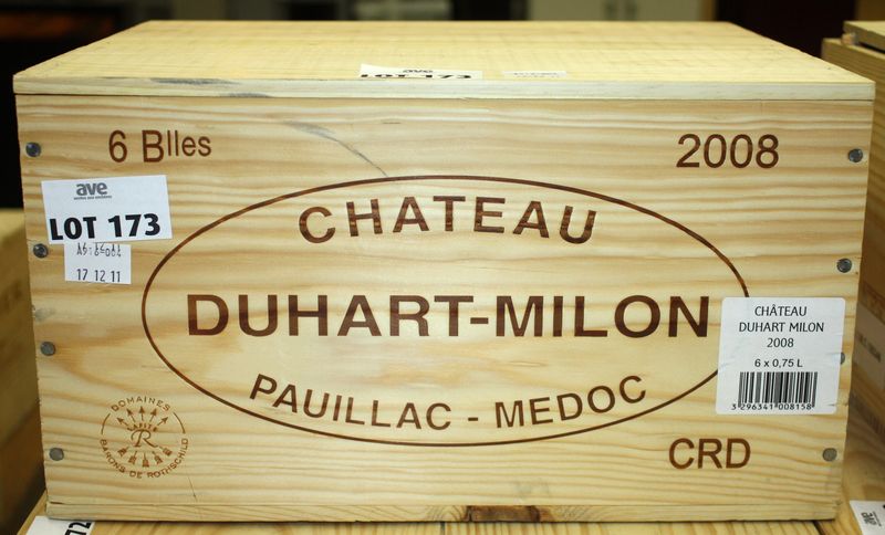 12 BOUTEILLES DE CHATEAU DUHART MILON 4EME GRAND CRU CLASSE PAUILLAC. 2008. CAISSE BOIS D'ORIGINE.