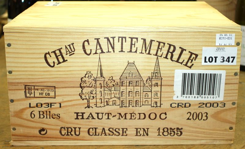 6 BOUTEILLES DE CHATEAU CANTEMERLE, HAUT MEDOC, 2003. CAISSE BOIS.