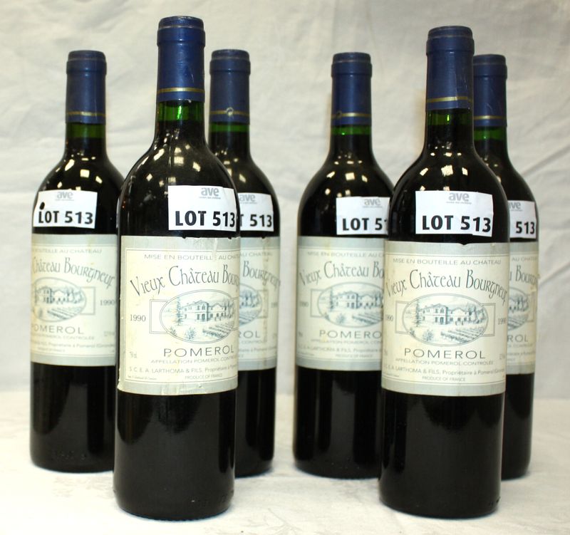 6 BOUTEILLES VIEUX CHATEAU BOURGNEUF 1990 POMEROL.