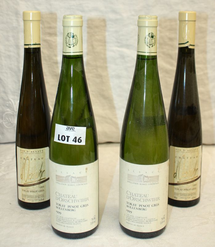 4 BOUTEILLES: 2 BOUTEILLES TOKAY PINOT GRIS BOLLEMBERG 1999 CHÂTEAU ORCHWIHR HARTMAN, 2 BOUTEILLES TOKAY PINOT GRIS VT 1995 CHÂTEAU D’ORSCHWIHR 0,5 L.