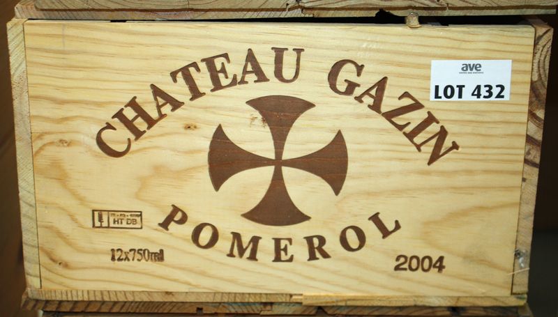 12 BOUTEILLES CHATEAU GAZIN 2004 POMEROL CAISSE BOIS D'ORIGINE.