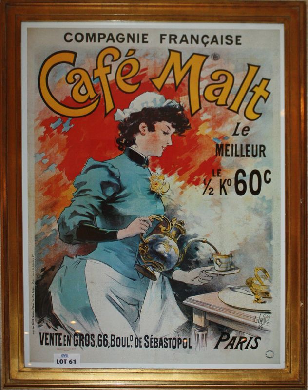 AFFICHE PUBLICITAIRE ENCADREE INTITULEE " COMPAGNIE FRANCAISE CAFE MALT ". DIM: 75  X 55 CM. BRASSERIE.