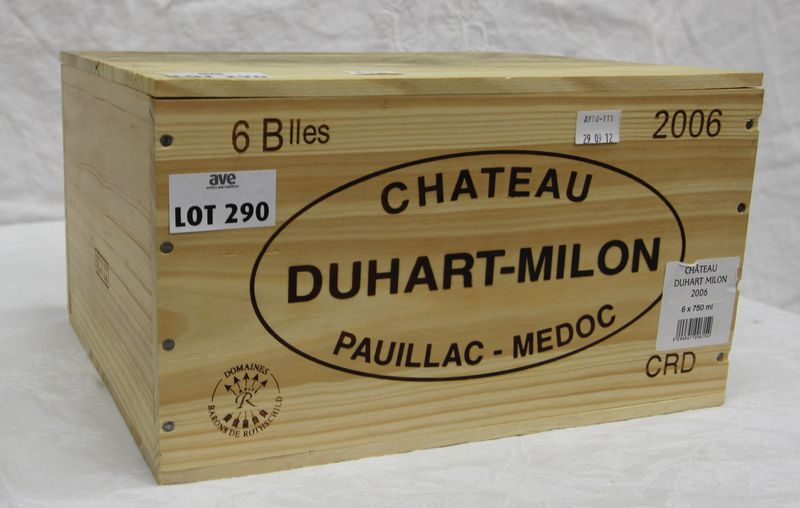 6 BOUTEILLES CHATEAU DUHART MILON 2006 4EME GRAND CRU CLASSE  PAUILLAC CAISSE BOIS D’ORIGINE.