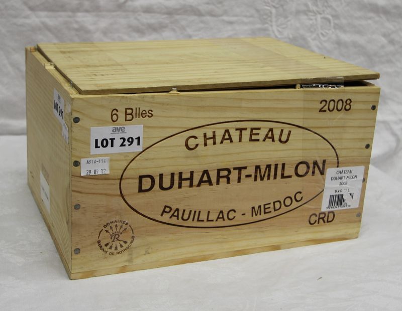 6 BOUTEILLES CHATEAU DUHART MILON 2008 4EME GRAND CRU CLASSE  PAUILLAC CAISSE BOIS D’ORIGINE .