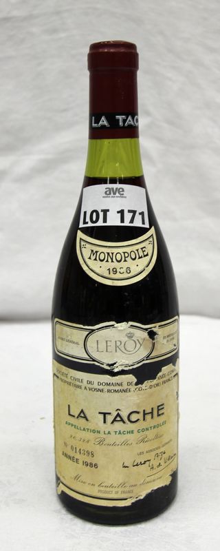 1 BOUTEILLE LA TACHE GRAND CRU 1986 DOMAINE DE LA ROMANEE CONTI NIVEAU 2,5 CM SOUS LE BOUCHON ETIQUETTE ABIMEE