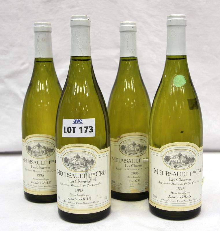 4 BOUTEILLES MEURSAULT CHARMES 1ER CRU 1995 DOMAINE LOUIS GRAS DONT DEUX ETIQUETTES ABIMEES