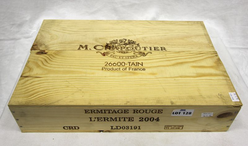 6 BOUTEILLES ERMITAGE L'ERMITE 2004 DOMAINE CHAPOUTIER ROUGE CAISSE BOIS D'ORIGINE TVA INCLUSE ET RECUPERABLE POUR LES ASSUJETTIS.