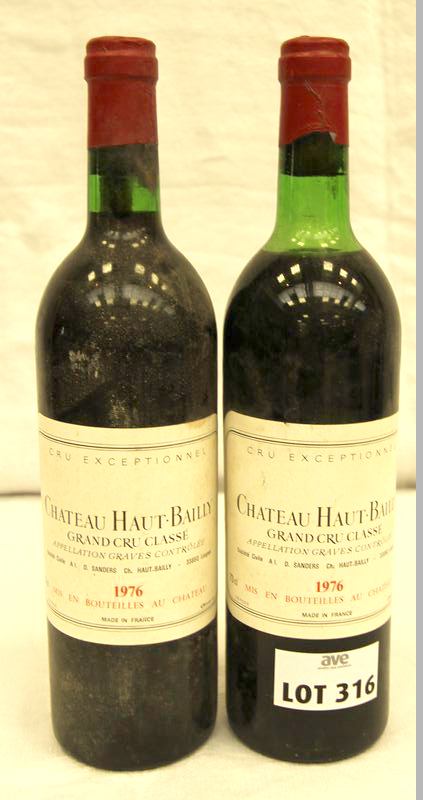 2 BOUTEILLES CHATEAU HAUT BAILLY 1976 CRU CLASSE GRAVES DONT UN NIVEAU BAS ET UNE CAPSULE ABIMEE ETIQUETTES LEGEREMENT SALES.