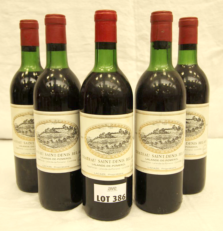 5 BOUTEILLES CHATEAU SAINT-DENIS BEL AIR, LALANDE-DE-POMEROL 1967 DONT TROIS NIVEAU LEGEREMENT BAS.