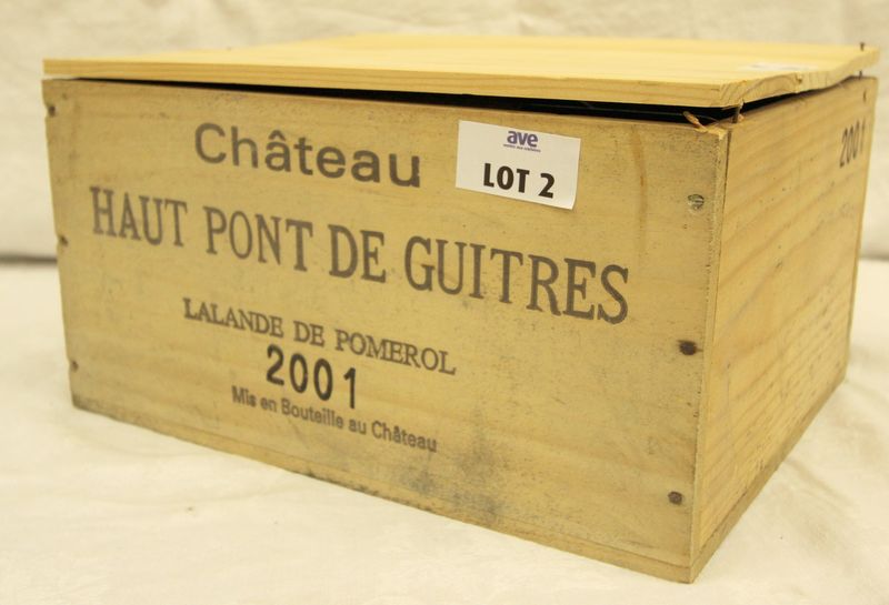 6 BOUTEILLES CHATEAU AU PONT DE GUITRES 2001 LALANDE DE POMEROL EN CAISSE BOIS D’ORIGINE.