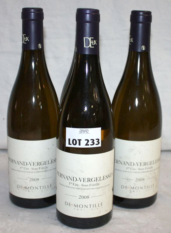 4 BOUTEILLES PERNAND VERGELESSES 1ER CRU SOUS FRETILLE BLANC 2008 DOMAINE DE MONTILLE.