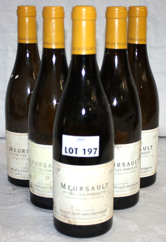 6 BOUTEILLES MEURSAULT 1ER CRU LES PORUZOTS 2006 CHATEAU DE PULIGNY ETIQUETTES TACHEES ET ABIMEES.