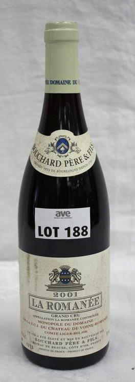 1 BOUTEILLE LA ROMANEE GRAND CRU 2001 DOMAINE BOUCHARD PERE ET FILS ETIQUETTE LEGEREMENT SALE.