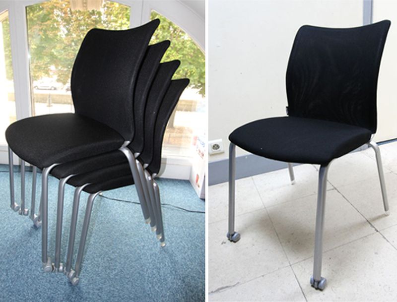 1 CHAISE EMPILABLE EN TISSU NOIR ET PIETEMENT EN METAL GRIS. LES PIEDS ANTERIEURS TERMINES PAR DES ROULETTES. LOT VENDU A L'UNITE AVEC FACULTE DE REUNION.