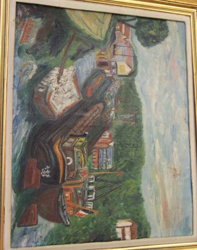 J. Pollaci - Péniches - Huile sur toile signée en bas à gauche