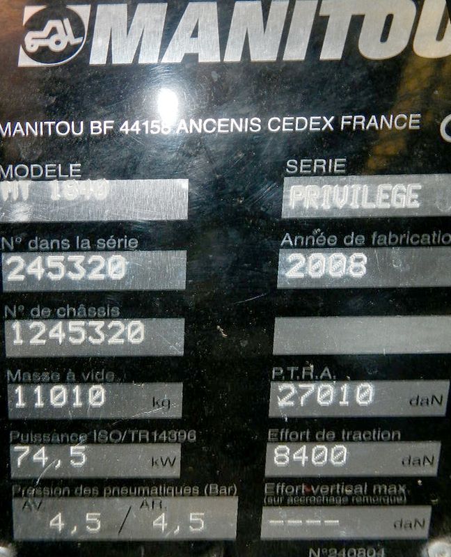 CHARIOT ELEVATEUR TELESCOPIQUE MANITOU MT 1840 PRIVILEGE 4000 KG