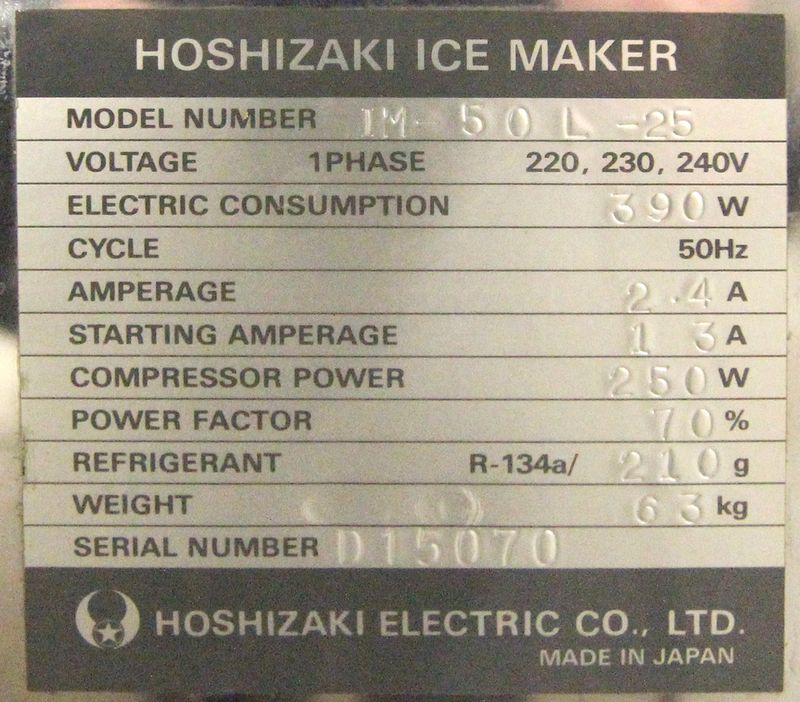 MACHINE A GLACONS DE MARQUE HOSHIZAKI FOSTER MODEL IM-50L-25, 50 LITRES, 390 WATTS, N° DE SERIE D15070. CAVE-1.