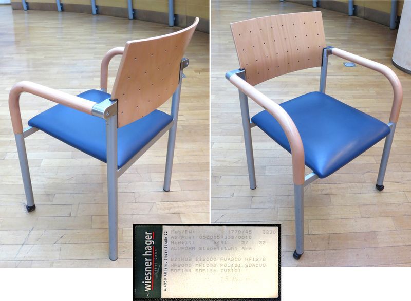 FAUTEUIL A DEUX ROULETTES PIETEMENT ACIER DOS BOIS AJOURE ET ASSISE SIMILI BLEU DE MARQUE WIESNER HAGER MODELE 64413/32
. VENDU A L'UNITE AVEC FACULTE DE REUNION.