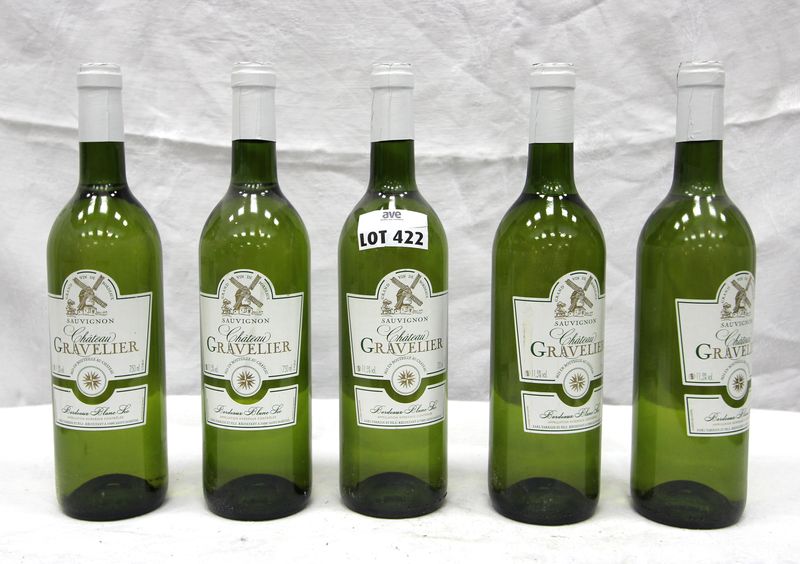 CINQ BOUTEILLES CHATEAU GRAVELIER SAUVIGNON BORDEAU BLANC SEC.