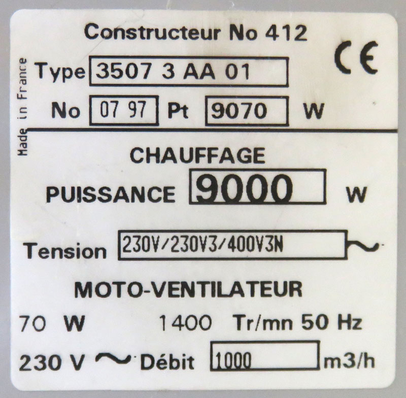 RADIATEUR DE CHANTIER ELECTRIQUE DE MARQUE NOIROT MODELE 3507 3AA01, 9000 WATTS, DEBIT : 1000 METRES CUBE HEURE. BATIMENT J.
