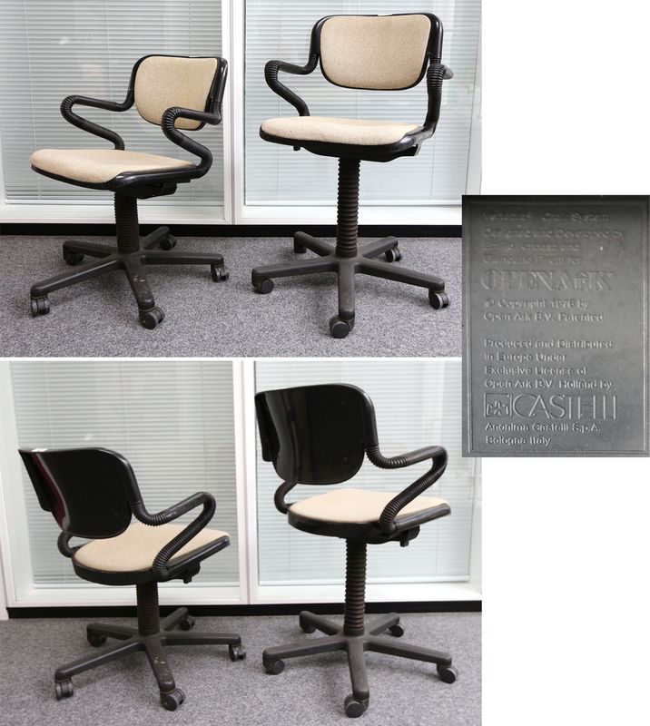 PAIRE DE FAUTEUIL MODELE VERTEBRA EDITION CASTELLI DESIGN EMILIO AMBASZ AND GIANCARLO PIRETTI, PIETEMENT A CINQ BRANCHES A ROULETTES ET STRUCTURE NOIRE, GARNIE DE TISSU EN TWEED BEIGE, AJUSTABLE EN HAUTEUR.
BATIMENT T.