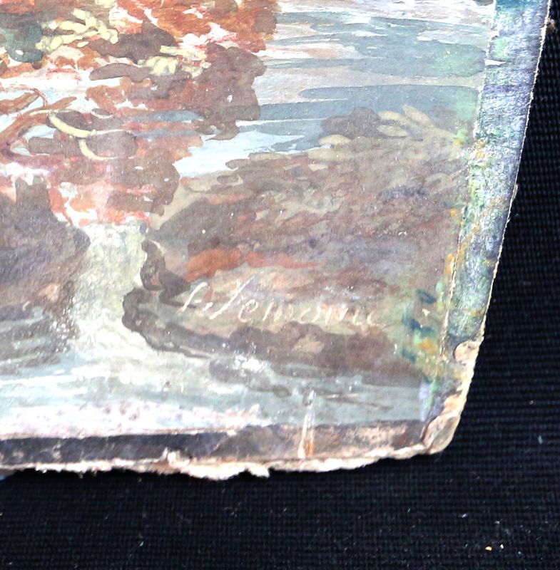 LEMOINE François (Attribué à) 1688 - 1737
"Paysage boisé à l'obélisque devant une cascade"
Gouache (petits manques dans les fonds, et sur la bordure noire du pourtour)
En bas à droite F. Lemoine (incisé dans la gouache)
H. 36,4 - L. 48,2 cm