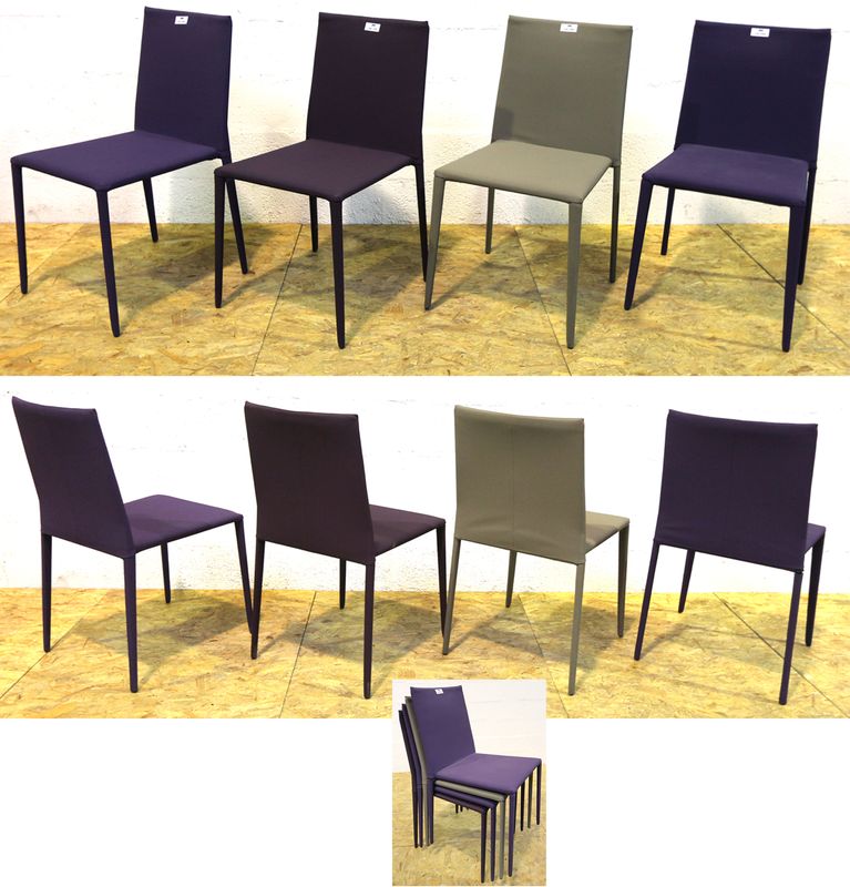 LIEVORE - ALTHERR - MOLINA
4 CHAISES MODELE NORMA A STRUCTURE EN ACIER ET POLYURETHANE, 2 A HOUSSES VIOLETTES, 1 A HOUSSE BEIGE FONCE ET UNE A HOUSSE VIOLET FONCE. EMPILABLES.
EDITION ARPER.
DIMENSIONS : 85  X 45 X 46 CM.
PRIX CATALOGUE : 588 EUROS L'UNITE.