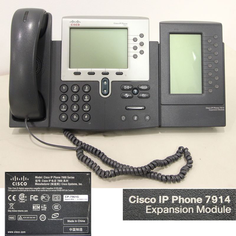 12 POSTES DE TELEPHONE DE MARQUE CISCO MODELE CISCO IP PHONE 7900 SERIE 7961. 1 POSTE DE TELEPHONE DE MARQUE CISCO MODELE CISCO IP PHONE 7900 SERIE 7941. CHACUN AVEC EXTENSION DE MARQUE CISCO MODELE 7914 EXPANSION MODULE AVEC 14 TOUCHES.