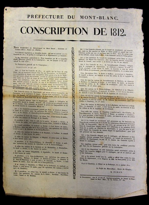 6 COMPTES RENDU D'ASSEMBLEES COMPRENANT : PROCES VERBAUX DE L'ASSEMBLEE NATIONALE DES ALLOBROGES DU 25 OCTOBRE 1792. CIRCONCRIPTION DE CHAMBERY. XXVEME COHORTE DU 1ER BAN DE LA GARDE NATIONALE DE LA PREFECTURE DU MONT BLANC DU 21 MARS 1812? EXTRAIT DES MINUTES DE LA SECRETAIRERIE D'ETAT AU PALIS DE COMPIEGNE DEPARTEMENT DU LEMAN LE 25 MARS 1810. CIRCONSCRIPTION DE 1812 PREFECTURE DU MONT BLANC LE 27 JANVIER 1812. PROCALAMATION VISANT LES DESERTEURS ET CONSCRITS REFRACTAIRE DU PREFET DU LEMAN LE 26 FLOREAL AN 12 (SOIT 16 MAI 1804). PROCLAMATION DU PREFT DU DEPARTEMENT DU LEMAN DU 16 PRAIRIAL AN 8 (SOIT 5 JUIN 1800). ALTERATIONS.