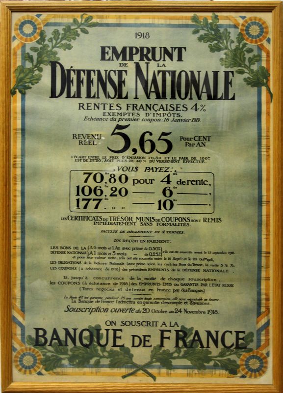 EMPRUNT DE "LA DEFENSE NATIONALE RENTE FRANCAISE 4% AVEC REVENU REEL 5.65 POUR CENT"-"ON SOUSCRIT A LA BANQUE DE FRANCE". 79 X 110 CM.