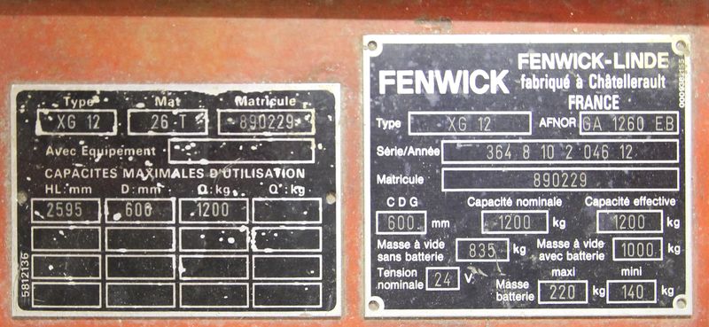 GERBEUR ELECTRIQUE DE MARQUE FENWICK, MODELE XG12, 1200 G, POIDS DE LA MACHINE: 100KG, HAUTEUR DE PORTEE: 2,6 METRES. (3EME ETAGE).