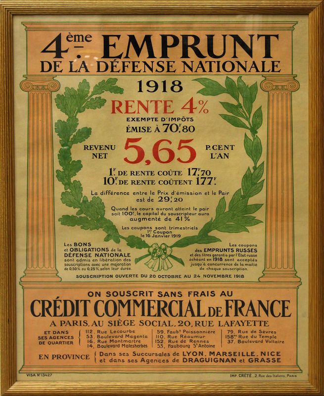 AFFICHE. "4EME EMPRUNT DE LA DEFENSE NATIONALE. 1918. RENTE A 4%. CREDIT COMMERCIAL DE FRANCE". 79X58 CM.